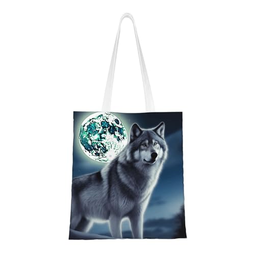 Tragetasche für Damen, Motiv: Wolf unter dem Mond, Segeltuch, Schultertaschen mit Taschen, Einkaufstasche, niedlich, wiederverwendbar Tragetasche für Damen, Motiv: Wolf unter dem Mond, Segeltuch, Schultertaschen mit Taschen, Einkaufstasche, niedlich, wiederverwendbar von BYPPJGH