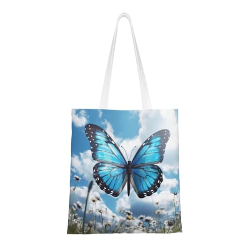 Tragetasche für Damen, Motiv: blaue Schmetterlinge und Wolken, Segeltuch, Schultertaschen mit Taschen, Einkaufstasche, niedlich, wiederverwendbar, Einkaufstasche Tragetasche für Damen, Motiv: blaue Schmetterlinge und Wolken, Segeltuch, Schultertaschen mit Taschen, Einkaufstasche, niedlich, wiederverwendbar, Einkaufstasche von BYPPJGH