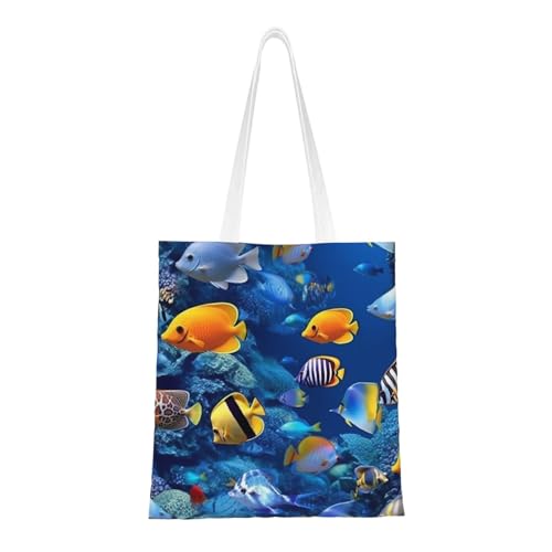 Tragetasche für Damen, Motiv: tropische Fische, Segeltuch, Schultertaschen mit Taschen, Einkaufstasche, niedlich, wiederverwendbar, Einkaufstasche Tragetasche für Damen, Motiv: tropische Fische, Segeltuch, Schultertaschen mit Taschen, Einkaufstasche, niedlich, wiederverwendbar, Einkaufstasche von BYPPJGH
