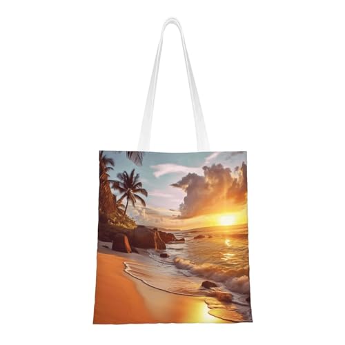 Tragetasche für Damen, Motiv: tropischer Strand bei Sonnenuntergang, Segeltuch, Schultertaschen mit Taschen, Einkaufstasche, niedlich, wiederverwendbar, Einkaufstasche Tragetasche für Damen, Motiv: tropischer Strand bei Sonnenuntergang, Segeltuch, Schultertaschen mit Taschen, Einkaufstasche, niedlich, wiederverwendbar, Einkaufstasche von BYPPJGH