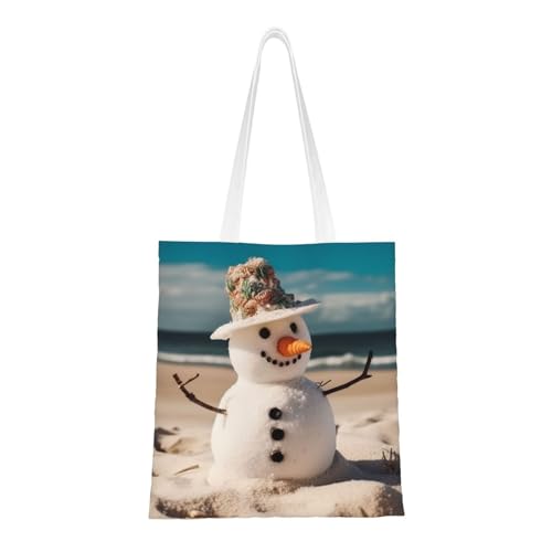 Tragetasche für Damen, Schneemann mit Muscheln, die am Sandstrand sitzen, Segeltuch, Schultertaschen mit Taschen, Einkaufstasche, niedliche, wiederverwendbare Einkaufstasche Tragetasche für Damen, Schneemann mit Muscheln, die am Sandstrand sitzen, Segeltuch, Schultertaschen mit Taschen, Einkaufstasche, niedliche, wiederverwendbare Einkaufstasche von BYPPJGH