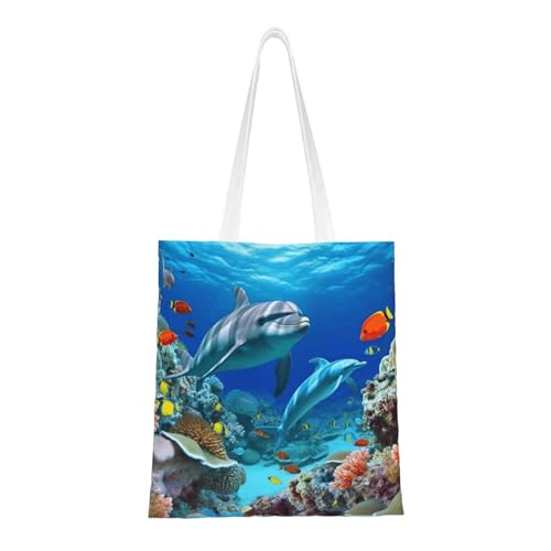 Tragetasche für Damen, Segeltuch, Motiv: Meeresboden, Korallenfisch, Delfine, Schultertasche mit Taschen, Einkaufstasche, niedlich, wiederverwendbar von BYPPJGH