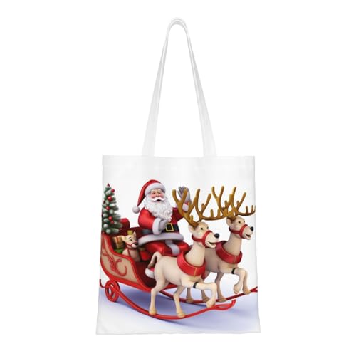Tragetasche mit Weihnachtsmann-Rentier-Schlitten für Damen, Segeltuch, Schultertaschen mit Taschen, Einkaufstasche, niedlich, wiederverwendbar, Einkaufstasche von BYPPJGH