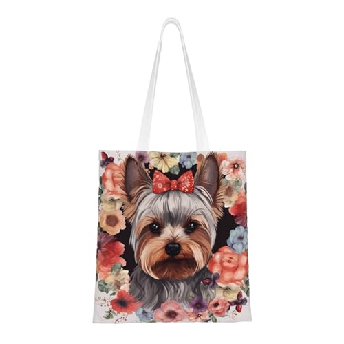 Tragetasche mit Yorkie-Blumenmuster für Damen, Segeltuch, Schultertaschen mit Taschen, Einkaufstasche, niedlich, wiederverwendbar, Einkaufstasche Tragetasche mit Yorkie-Blumenmuster für Damen, Segeltuch, Schultertaschen mit Taschen, Einkaufstasche, niedlich, wiederverwendbar, Einkaufstasche von BYPPJGH