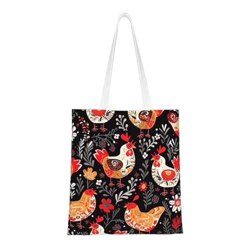 Tragetasche mit niedlichem Hahn und Hühnern für Damen, Canvas-Schultertasche mit Taschen, Einkaufstasche, niedliche, wiederverwendbare Einkaufstasche von BYPPJGH