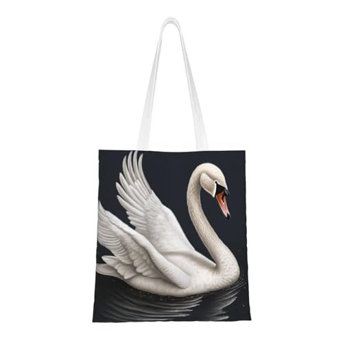 Weiße Swan-Tragetasche für Damen, Canvas-Schultertasche mit Taschen, Einkaufstasche, niedlich, wiederverwendbar, Einkaufstasche von BYPPJGH