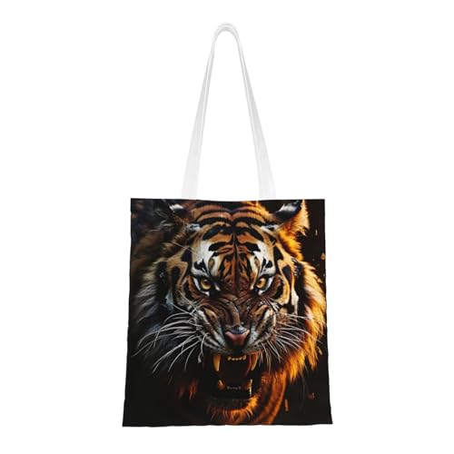 Wilde Tiger-Tragetasche für Damen, Segeltuch-Schultertasche mit Taschen, Einkaufstasche, niedliche, wiederverwendbare Einkaufstasche von BYPPJGH
