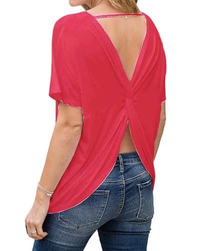 BYSBZD Damen Rückenfrei Kurzarm Top Sexy Modal Offener Rücken Geknotet T-Shirt Tunika Tops, Koralle, Klein von BYSBZD