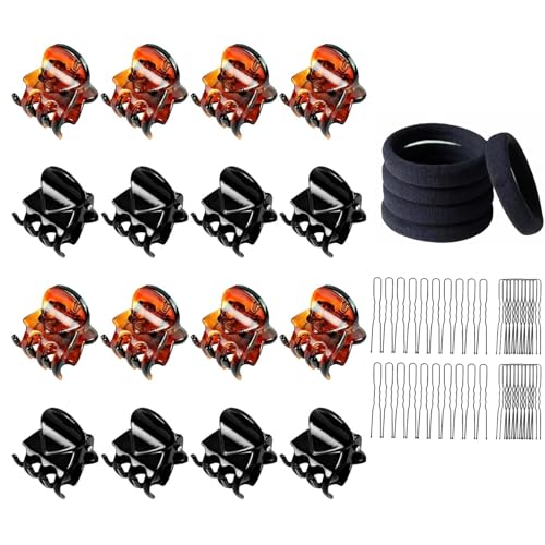 Haarklammern16 Pcs Haar Clips Haarspangen Mini Kunststoff Haar Klemmen für Damen Mädchen Friseur Zubehör Haarschmuck mit 20 U Haarspangen10 Gummiband (Schwarz, Braun) von BYTLEOUTJ