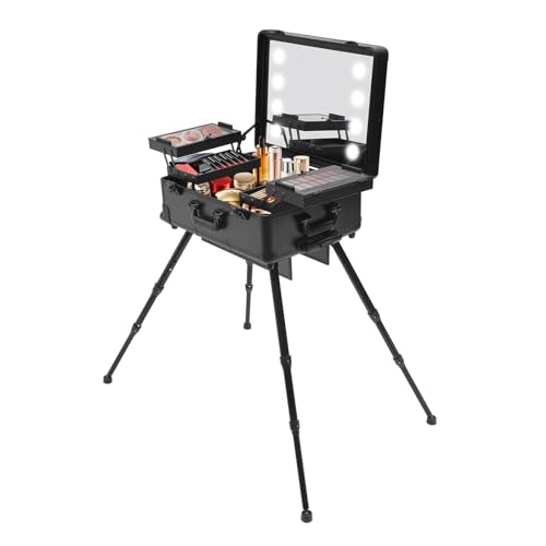 Kosmetikkoffer Trolley Schminkkoffer, 22in Rolling Makeup Train Case Professionelle Künstler Kosmetik Organizer Box 3 Lagen mit Spiegellichtern Nail Tech Organizer Storage, 8 LED-Lampen (Schwarz) von BYUAK