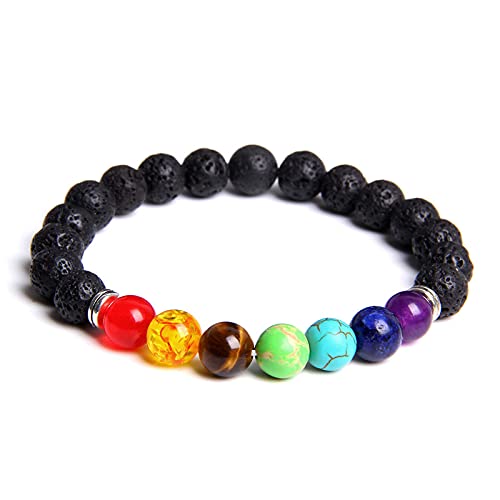 BYUK Stein Armband Damen,7 Chakra Vintage Unisex Natürliche Schwarze Lavagestein Perlen Elastisches Armband Charme Regenbogen Armreif Zierliches Paar Schmuck Geschenk von BYUK