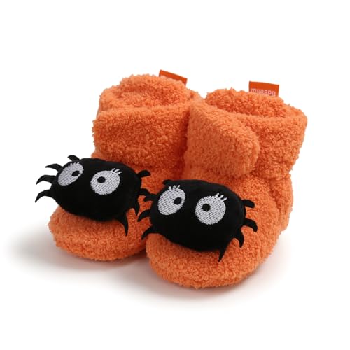 BYUSBAYA Weiche Fleece-Hausschuhe für Halloween, Babyschuhe, für Weihnachten, Kinderbett, Socken, für Herbst und Winter, warme Lauflernschuhe, Halloween, Orange, 6-12 Monate von BYUSBAYA