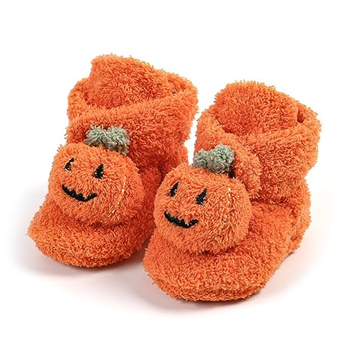 BYUSBAYA Weiche Fleece-Hausschuhe für Halloween, Babyschuhe, für Weihnachten, Kinderbett, Socken, für Herbst und Winter, warme Lauflernschuhe, Pumpkin Orange, 0-6 Monate von BYUSBAYA