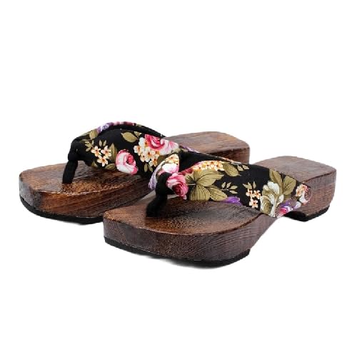 BYWXW Japanische Holzclogs Kimono Flip-Flops,Farbblock Sommerschuhe Flip-Flops Elegante Damensandalen Flacher Absatz Kimono für Zuhause Strand (Größe: EU 40, Farbe: Schwarz) von BYWXW