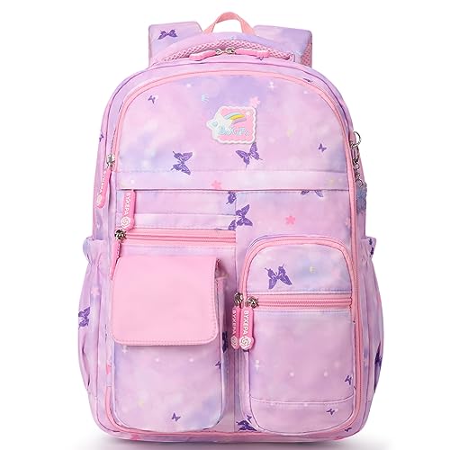 BYXEPA Schulrucksack Mädchen, 42x32x18cm Rucksack Mädchen, Rucksack Kinder Mädchen, Große Kapazität Schultasche für Kinder 5-10 Jahre Alt (Schmetterling lila) von BYXEPA