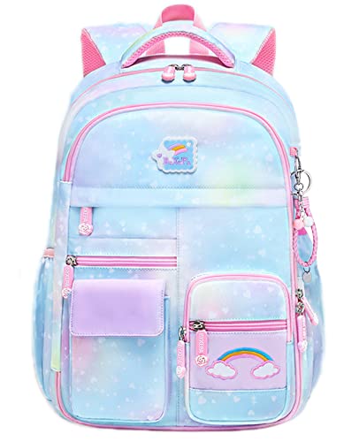 BYXEPA Schulrucksack Mädchen, 43x35x17cm Rucksack Mädchen, Rucksack Kinder Mädchen, Große Kapazität Schulranzen mit Brustschnalle für Kinder 5-10 Jahre Alt (Galaxie blau) von BYXEPA