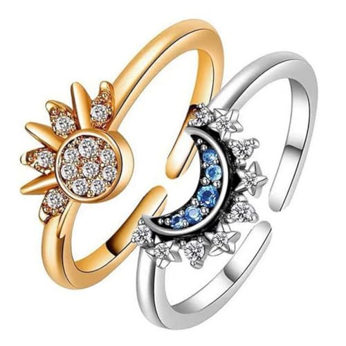 BYXG Ring Set Sonne Und Der Mond Freundschaftsringe Gold Ringe mit Cubic Zirconia Silber Verstellbar Offene Promise Matching Rings Für Damen Frauen, Sonne Mond Ring, 2 Stück von BYXG