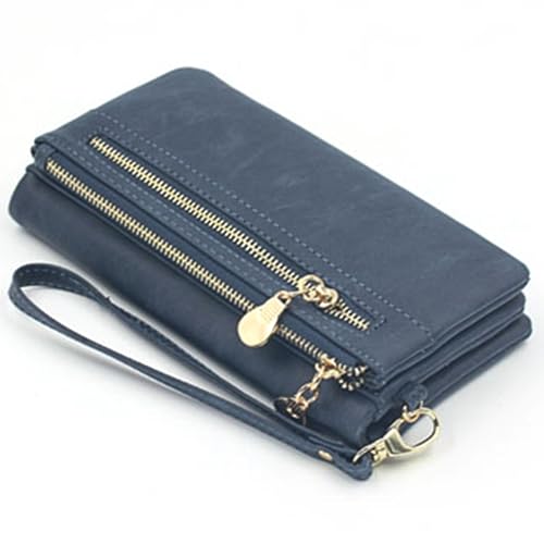 BYYLECL Damen-Geldbörse mit mehreren Kartenfächern, PU-Leder mit 2 Reißverschlüssen, abnehmbarer Handschlaufe (19 x 9,5 x 3 cm), Blau (Ink Blue) von BYYLECL
