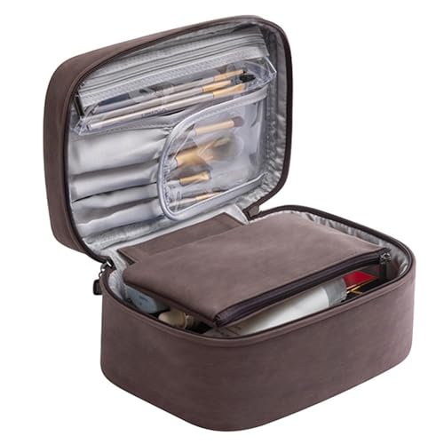 BYYLECL Reise-Make-up-Tasche mit Pinselfach, große Kosmetiktasche, tragbare Make-up-Tasche mit Griff, wasserdichter Make-up-Organizer für Damen, coffee, 23x15.5x10cm von BYYLECL