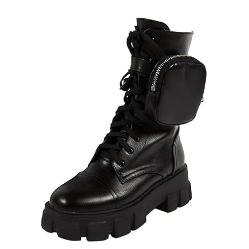 BYYLECL Stiefel für Damen, wadenhoch, Reitstiefel, stilvolle Plateau-Stiefel mit kleiner Tasche, Schnürstiefel, runder Kopf BYYLECL Stiefel für Damen, wadenhoch, Reitstiefel, stilvolle Plateau-Stiefel mit kleiner Tasche, Schnürstiefel, runder Kopf von BYYLECL
