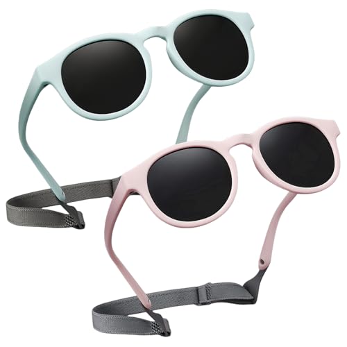 BYZESTY Polarisierte Baby Sonnenbrille, 2 Stück Sonnenbrille Kinder Mit Riemen Verstellbar, Silikon Rahmen Sonnenbrille Kinder, Kindersonnenbrille Fur 0-3 Jahre Jungen Mädchen von BYZESTY