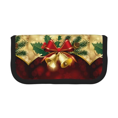 BYwenhopnbs Weihnachts-Federmäppchen mit roter Schleife und goldenen Glocken, großes Fassungsvermögen, Stiftetasche, Organizer, Leinen, Federmäppchen für Mädchen von BYwenhopnbs