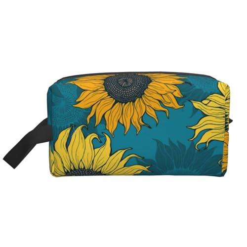 Gelbe Sonnenblumen auf blauem Hintergrund. Kosmetik-Organizer mit großer Kapazität, Reise-Make-up-Tasche für Damen von BYwenhopnbs
