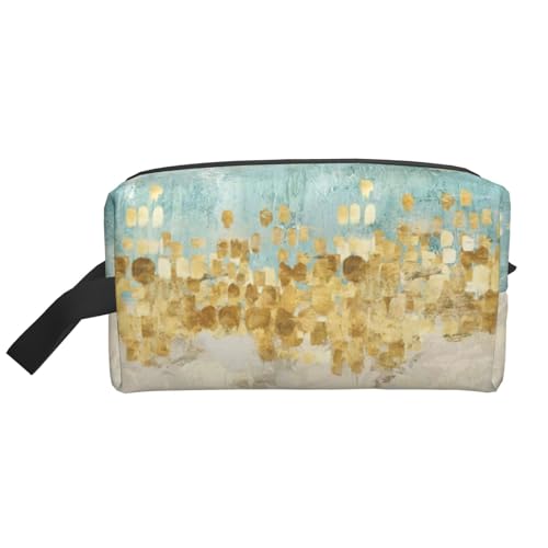 Goldene Striche auf beige-blau-grünem Hintergrund gedruckt. Kosmetik-Organizer mit großer Kapazität, Reise-Make-up-Tasche für Frauen von BYwenhopnbs