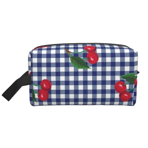 Kosmetik-Organizer mit Kirschen-Print in Blau und Karomuster, große Kapazität, Reise-Make-up-Tasche für Damen von BYwenhopnbs