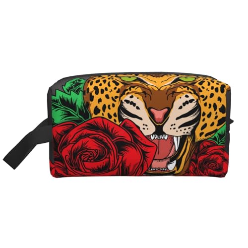 Kosmetik-Organizer mit Leopardenmuster und Rosen, große Kapazität, Reise-Make-up-Tasche für Damen von BYwenhopnbs