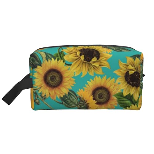 Kosmetik-Organizer mit Vintage-Sonnenblumen auf Blaugrün, große Kapazität, Reise-Make-up-Tasche für Damen von BYwenhopnbs