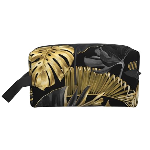 Kosmetik-Organizer mit tropischen Blättern, groß, goldfarben und schwarz, Reise-Make-up-Tasche für Damen von BYwenhopnbs