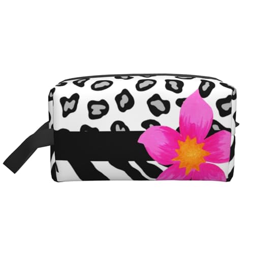 Schwarz-weißes Zebra- und Gepardenfell und rosa Blume. Kosmetik-Organizer mit großer Kapazität, Reise-Make-up-Tasche für Damen von BYwenhopnbs