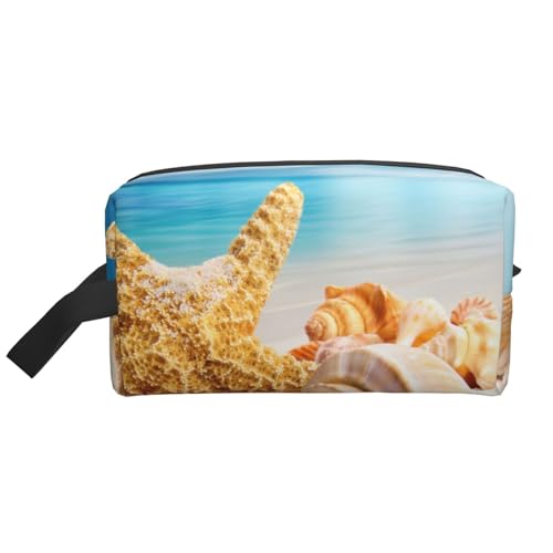 Seesterne und Muscheln am Strand. Kosmetik-Organizer mit großer Kapazität, Reise-Make-up-Tasche für Damen von BYwenhopnbs