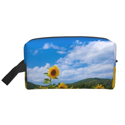 Sonnenblumenmeer und Blauer Himmel mit weißen Wolken. Kosmetik-Organizer mit großer Kapazität, Reise-Make-up-Tasche für Damen von BYwenhopnbs