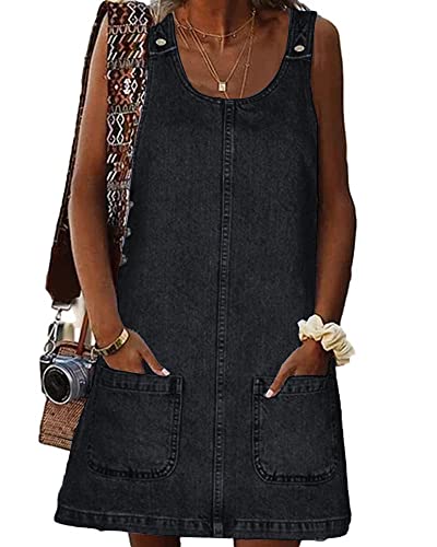 BZB Damen Ärmelloses Casual Denim Kleid Rundhalsausschnitt Vintage Overall Minikleid mit Taschen, Schwarz, X-Groß von BZB