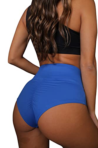 BZB Damen Booty Shorts High Waist Yoga Pants Gym Running Workout Shorts Butt Lifting Hot Pants, Blau, Klein von BZB