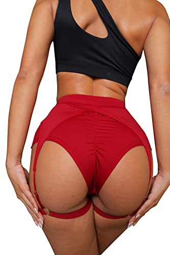 BZB Damen Booty Shorts mit Strumpfhaltern Hohe Taille Biker Hot Pants Gym Cheeky Garter Running Shorts, weinrot, Groß von BZB