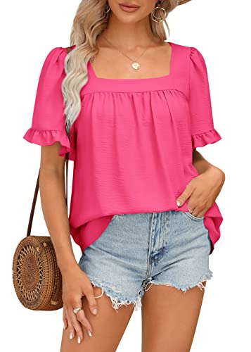 BZB Damen Sommer Tops Quadratischer Ausschnitt Rüschenärmel Blusen Babydoll Shirts 2023 S-2XL, 09-rosarot, Mittel von BZB