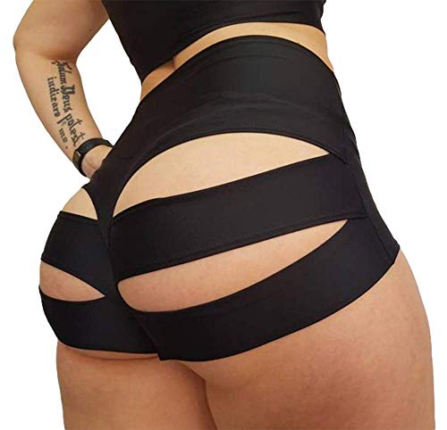 BZB Yoga-Shorts für Damen, mit Ausschnitt, hohe Taille, Fitnessstudio, Workout, aktiver Po, Lifting, Schwarz, Groß von BZB