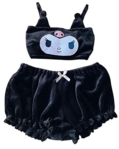 Kawaii Anime Niedliches Pyjama-Set für Frauen Süßes schönes Samt-Top und Shorts Zweiteilige Cartoon-Nachtwäsche Sets, Schwarz, L von BZB