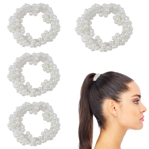 BZKSER 4 Stücke perlen haarschmuck - Weiß Perlen Haargummi Damen Elastisches Scrunchies Mädchen Zopfgummi Haarschmuck Kopfschmuck,Pferdeschwanz Inhaber Haarschmuck von BZKSER
