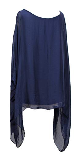 BZNA Seiden Tunika Seidenbluse Dunkelblau Blau Bluse Muster Uni Seidentunika Fledermaus Ärmel 38 40 42 44 one size Damen Dress Oberteil elegant von BZNA