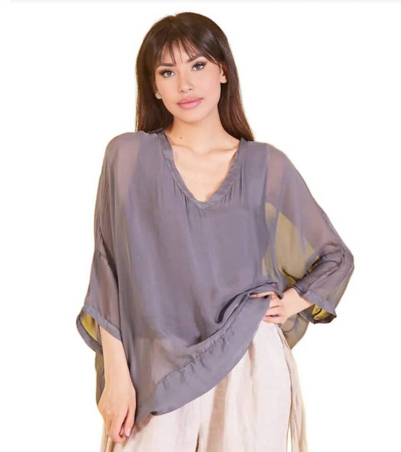 BZNA Seidenbluse Tunika Seidentunika V Ausschnitt Fledermaus Ärmel von BZNA