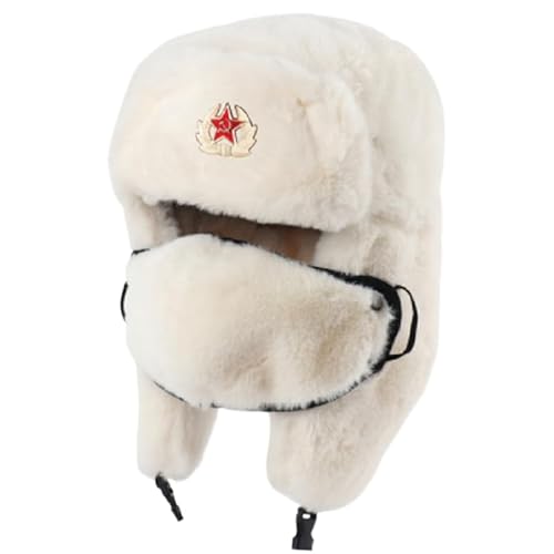 BZNOO Herren Winter Fliegermütze Sowjetisches Abzeichen Ushanka Männer & Frauen Bomberhüte Armee Pilot Trapper Soldat Hut Winterohrklappe Schneekappen-Sowjetisch_Weiß von BZNOO