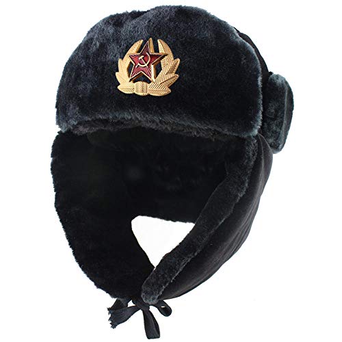 Russen Mütze Herren Armee Militär Abzeichen Russland Ushanka Bomber Hüte Pilot Trapper Soldat Hut Winter Ohrklappe Männer Schneekappen-Mit_Badge von BZNOO