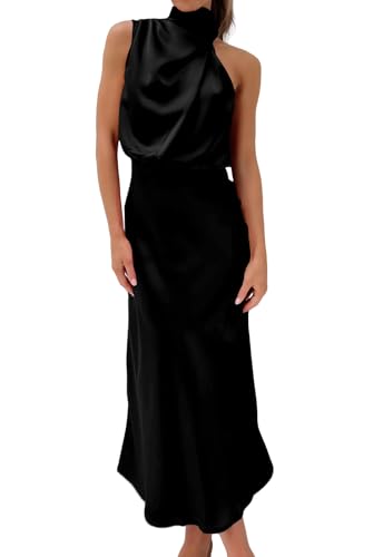 BZSFW Damen 2024 Sommer Satin Kleid Elegant Ärmellos Mock Neck Cocktail Party Maxi Kleider, Schwarz, XX-Large von BZSFW