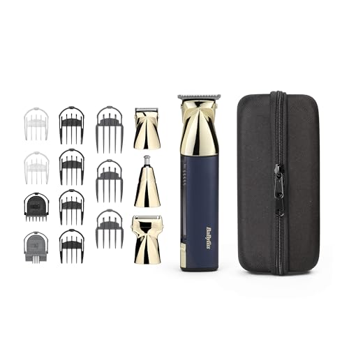 BaByliss Super-X Metall 15 in 1 All-in-One Multi-Trimmer, Schnurloses Fellpflegeset inklusive Bartschneider und Nasenhaarschneider, wasserdicht, Geschenke für Männer (Gold/Blau) von BaByliss