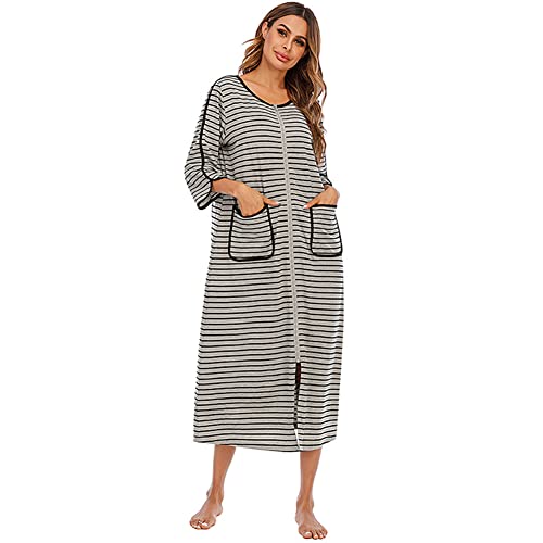 BaJooruly Morgenmäntel mit Reißverschluss Damen 3/4 Kurzarm Loungewear Langer Schlafanzug mit Taschen (L, Z2) von BaJooruly