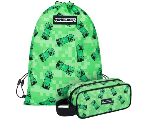 Baagl Minecraft Federmäppchen und Turnbeutel Set 2 Teilig für Jungen und Mädchen, Schule Mäppchen, Gymsack, Federmappe, Schuhbeutel, Federtasche für Teenager, Kinder Etui (Creeper) von Baagl